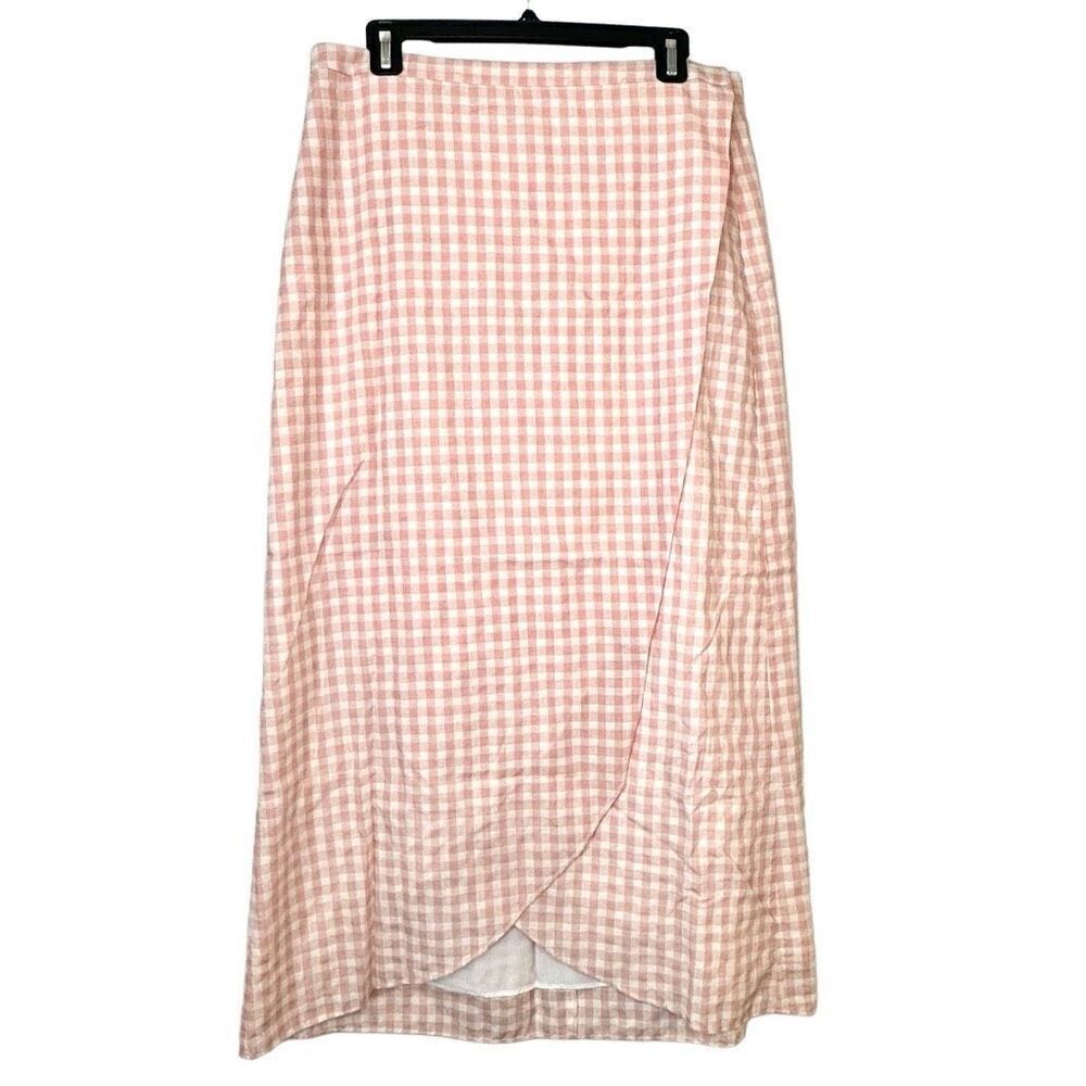 LPA Gingham Check Wrap Side Button Tulip Hem Lined Midi Skirt Pink White XL